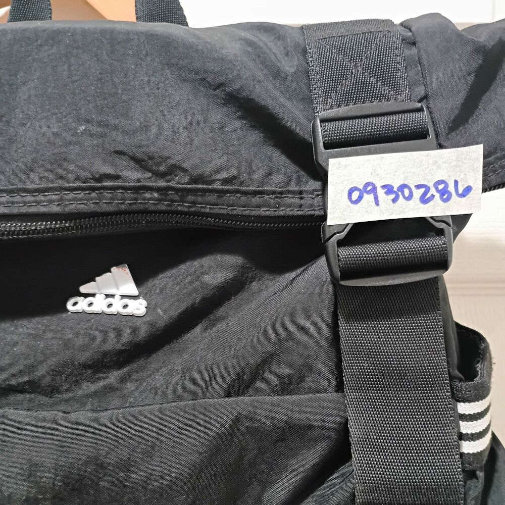 Adidas Black Backpack Flap Top Buckle Straps White 3 Stripes Travel School
